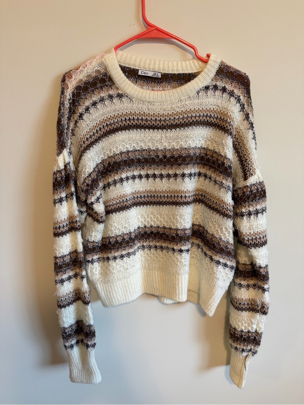 Dex Cream and Brown Patterned Crew Neck Sweater